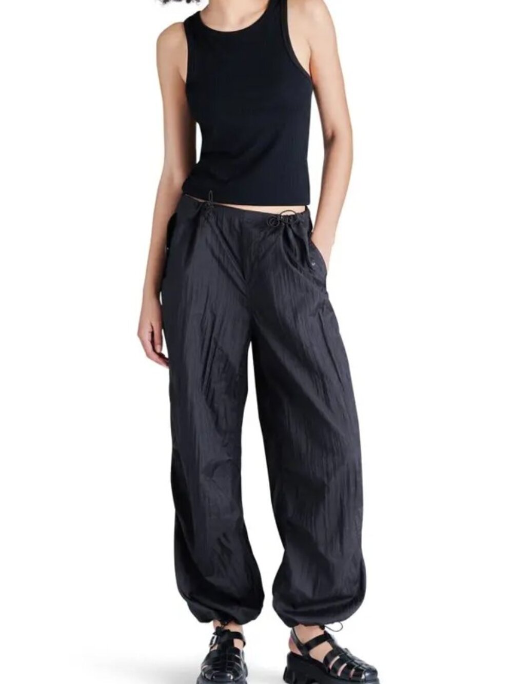Steve Madden Larsa Parachute Straight Leg Baggy Pants Large Black Nylon Pockets